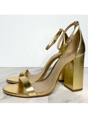 Schutz Gold Leather Ankle Strap Block Heel Sandal 10 1/2 B